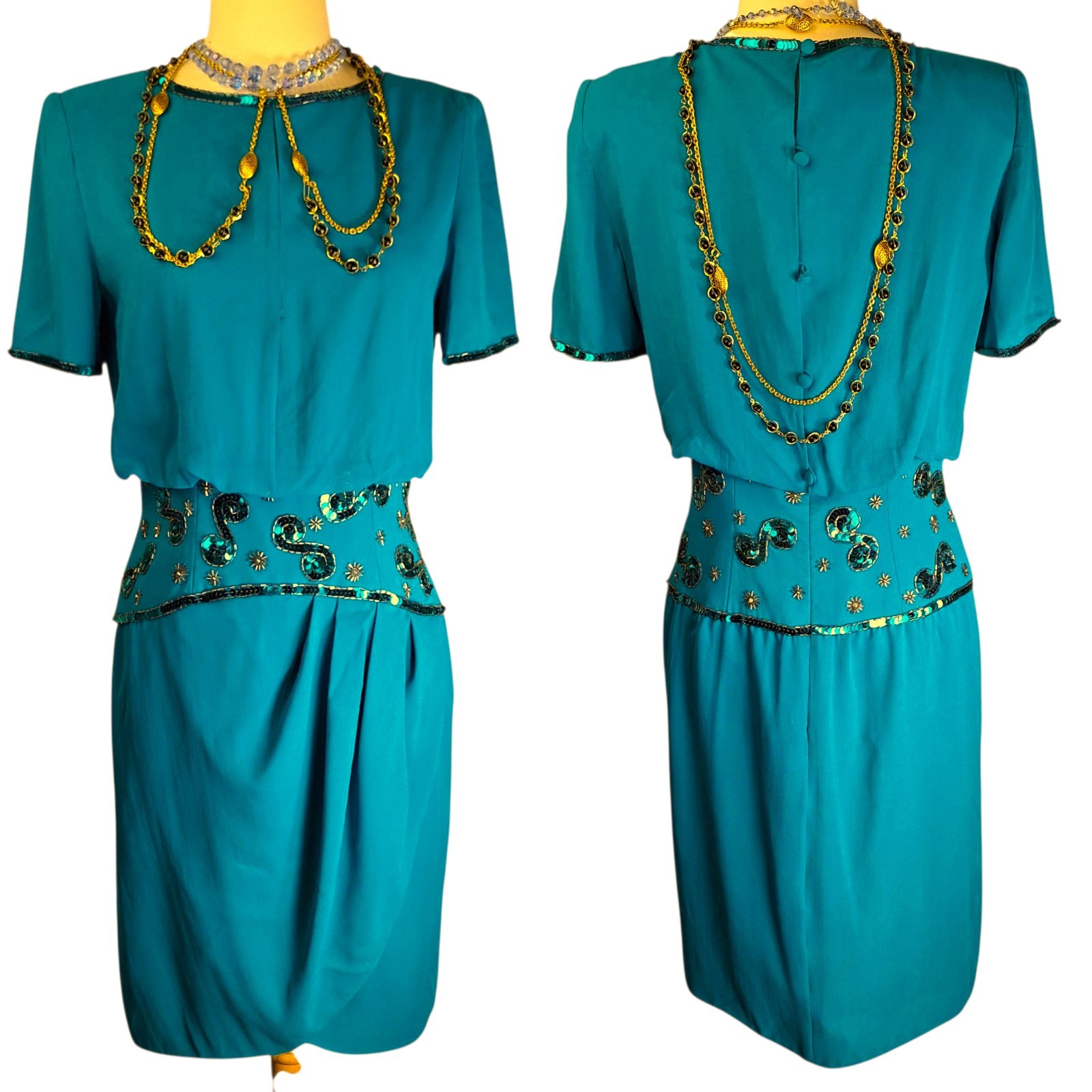 Vintage 80s 90s AJ Bari 100% Silk Sequin Beaded Dress Womens Small Medium Fairy