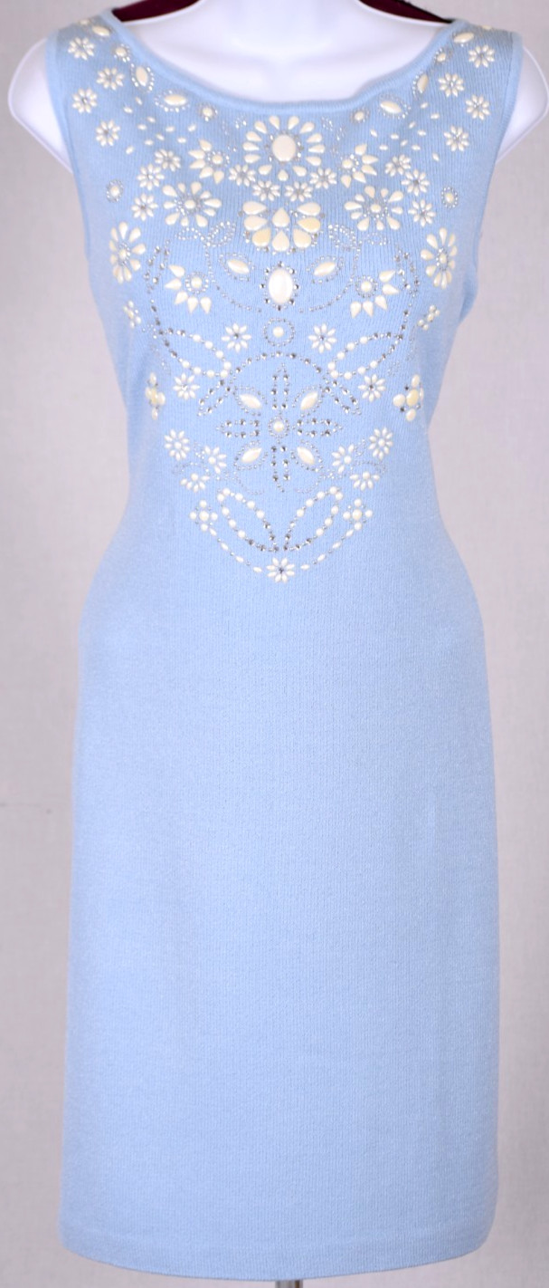ST JOHN Women’s Knit Blue Metallic Silver Studs Pearl Throughout Dress Sz 10