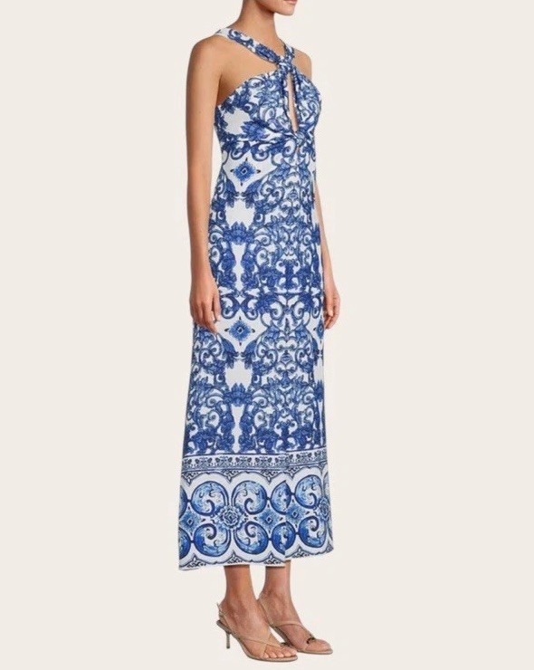 Antonio Melani Bronwyn Blue Tile Print Linen Blend A-Line Halter Maxi Dress SZ 4