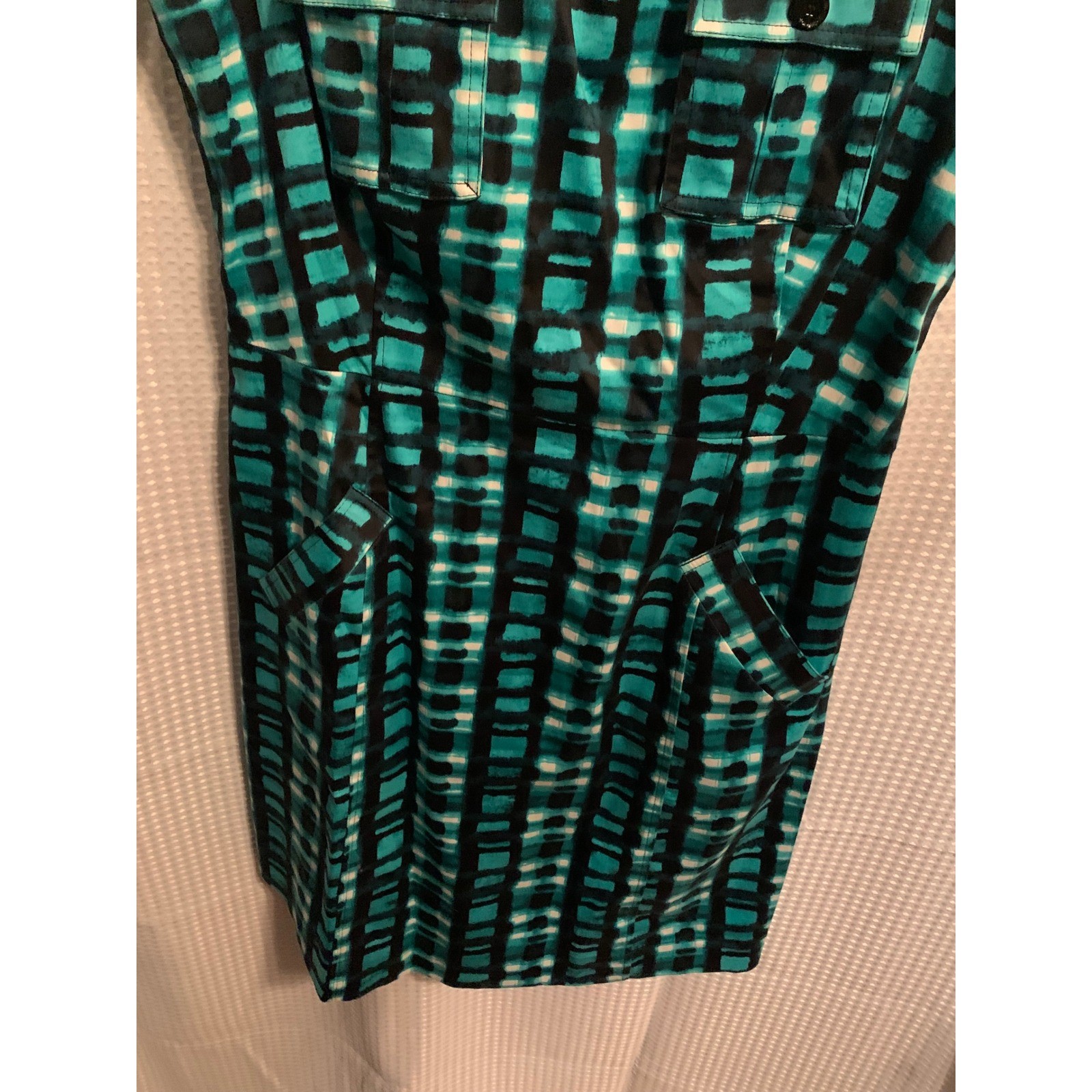 Calvin Klein Teal Black Geometric Grid Sleeveless Sheath Dress Size 12 Pocket