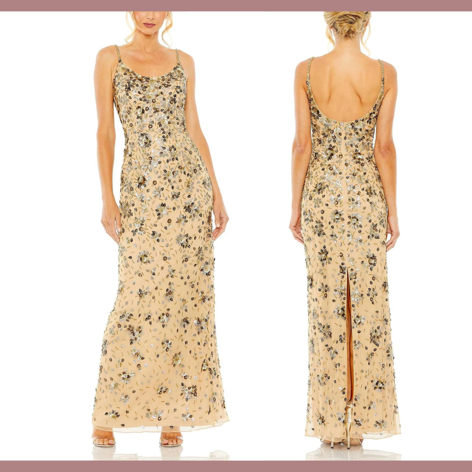 NWT $598 Mac Duggal [ 0 ] 5477 Floral Embellished Scoop Neck Gown Gold #S1598