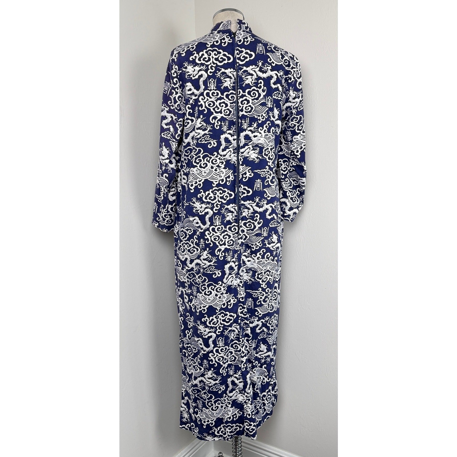 Vintage Chinese Style Maxi Dress Blue Dragon Print High Neck Asian Handmade