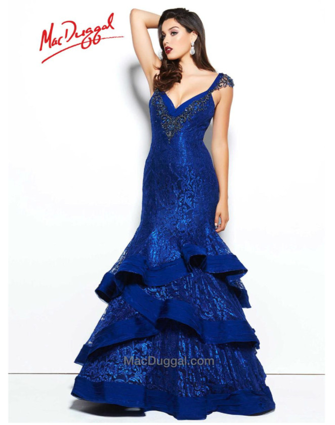 Mac Duggal Iridescent Ruffle Sequin Beads Ruffle Maxi Mermaid Lace 10 Blue Dress
