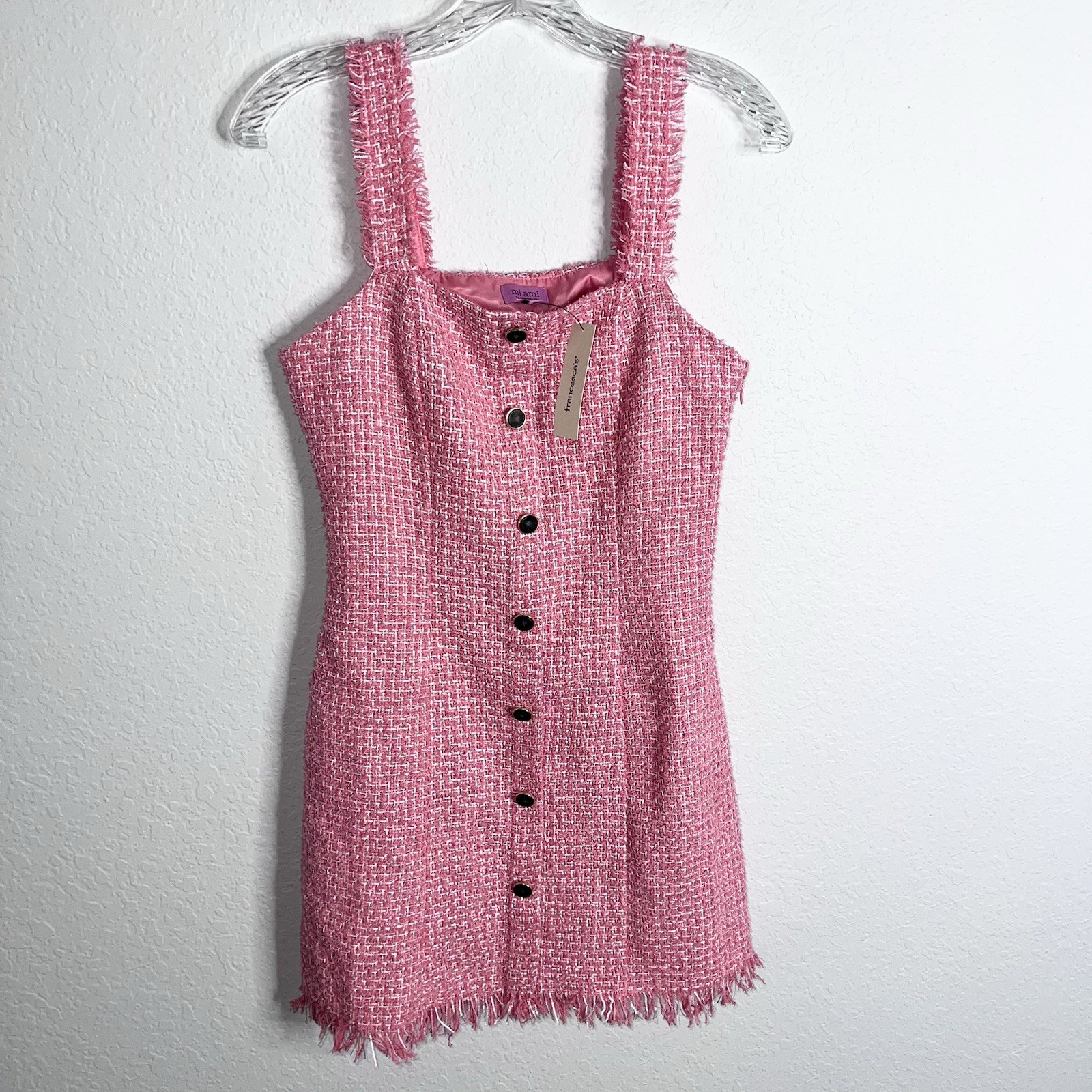Francesca’s Dress Women XS Tweed Mini Button Front Barbie Nikki Shift Pink HH