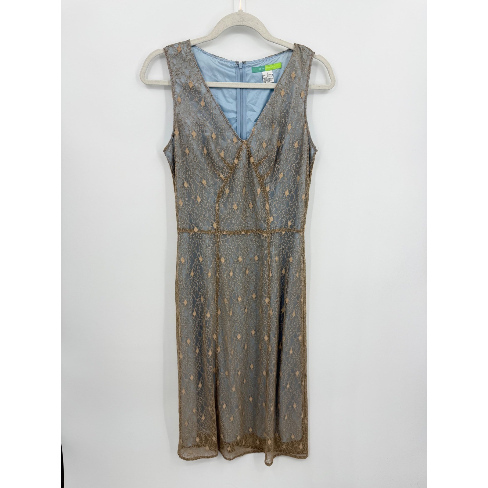 Beth Bowley Lace Sheath Dress Women Large Blue Tan V-Neck Sleeveless Cocktail