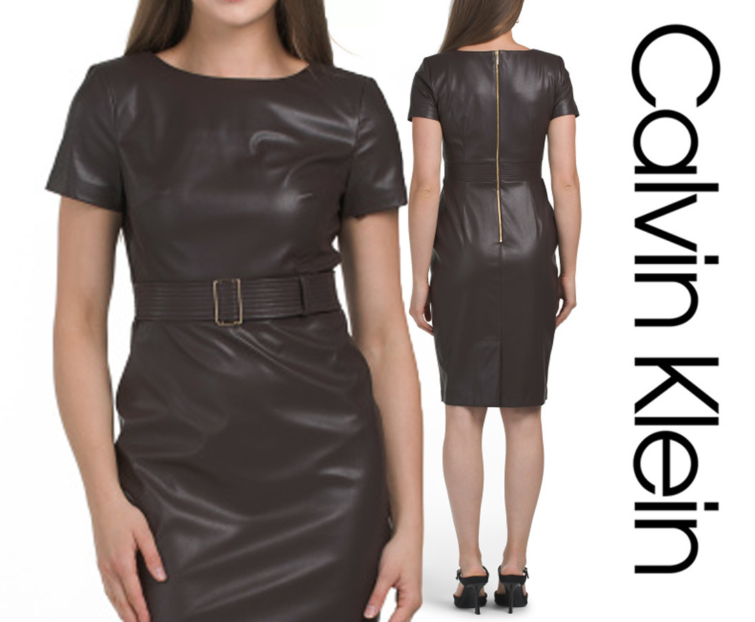 NWT CALVIN KLEIN Dr.Brown Faux Leather Sheath Dress Sz12Belted Exposed Back Zip