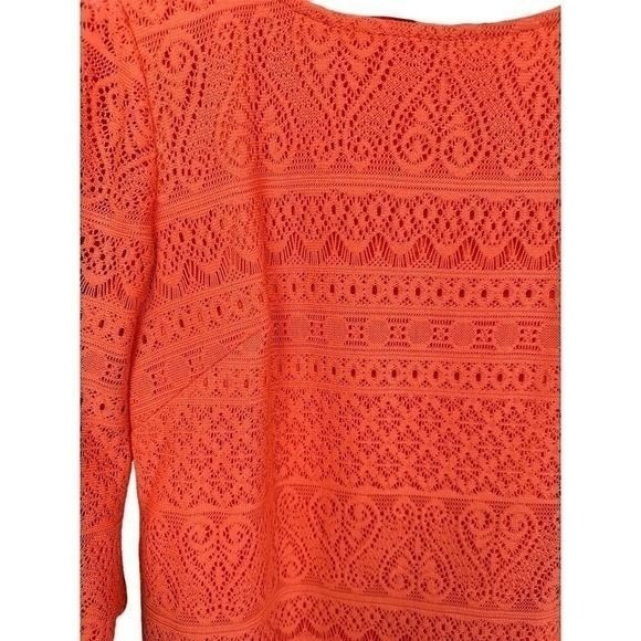 Dana Buchman Coral Orange Lace Sheath Dress 3/4 Sleeve Scallop Hem Size 8