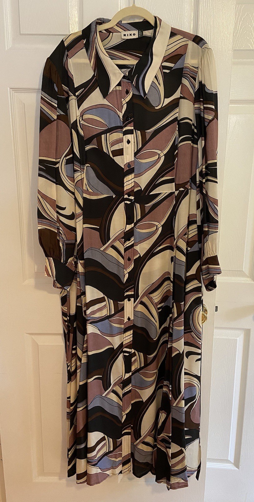 EUC 22W (6XL) Rixo Madison Maxi Shirtdress in Mauve/Blue/Brown Swirl Pattern