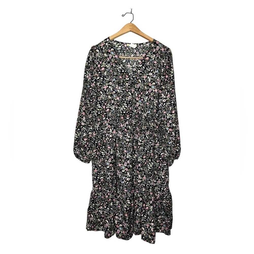 Sweet Magnolia Floral Print Faux Wrap Long Sleeve Midi Dress Large L
