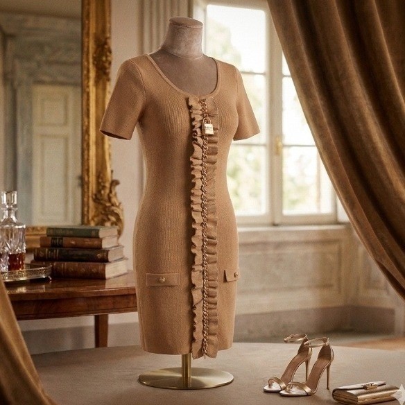 Elisabetta Franchi Womens Small Tan Knit Mini Dress Ruffle Chain Detail Italy