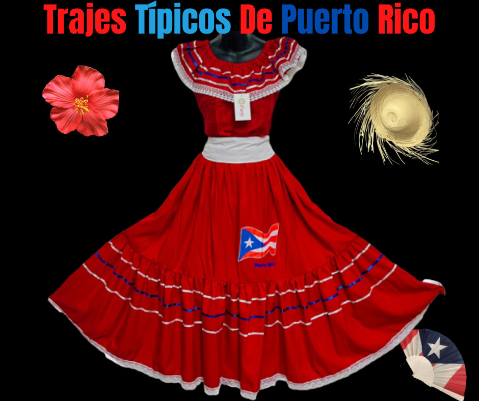 Traje Típico Bandera de Puerto Rico – Jíbara Puertorriqueña, Vestido Rojo 3 PC.