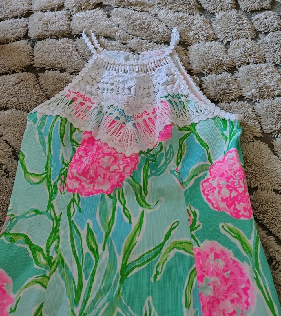 Lilly Pulitzer Pearl Shift Dress Size 6 Poolside Blue Crochet Lace Neck