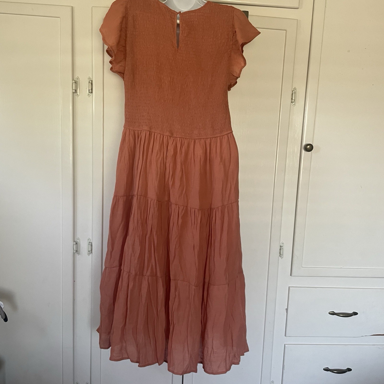 Perch by Blu Pepper Rust Smocked Stretch Ruffle Flutter Sleeve Midi Dress 2XL