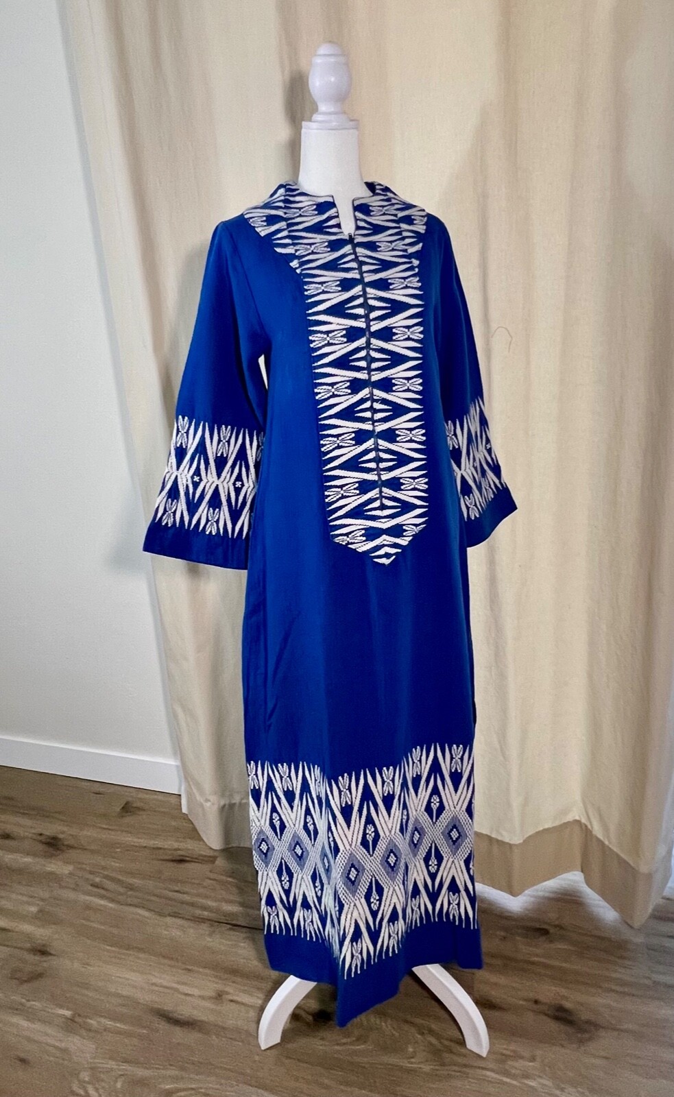 Guatemala cotton dress in blue with white woven geometric patterns