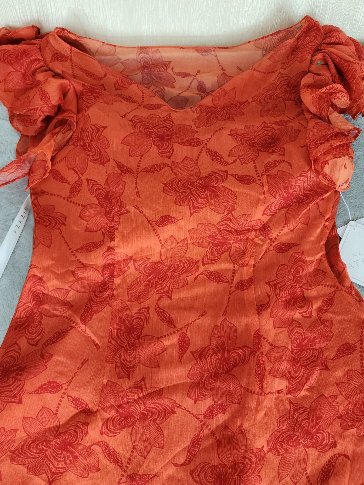 Azazie Atelier Amaria Orange Floral Ruffle Maxi Dress, Zip Closure, Women 10