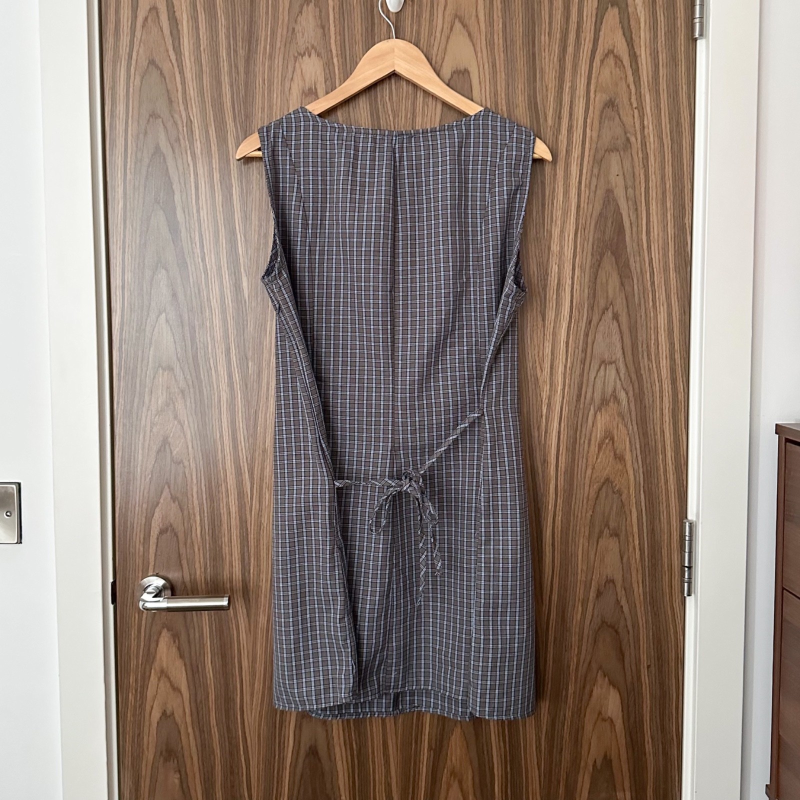 ASOS Blue Check Tie Back Cinch Waist Seam Detail Boat Neck Mini Dress 14