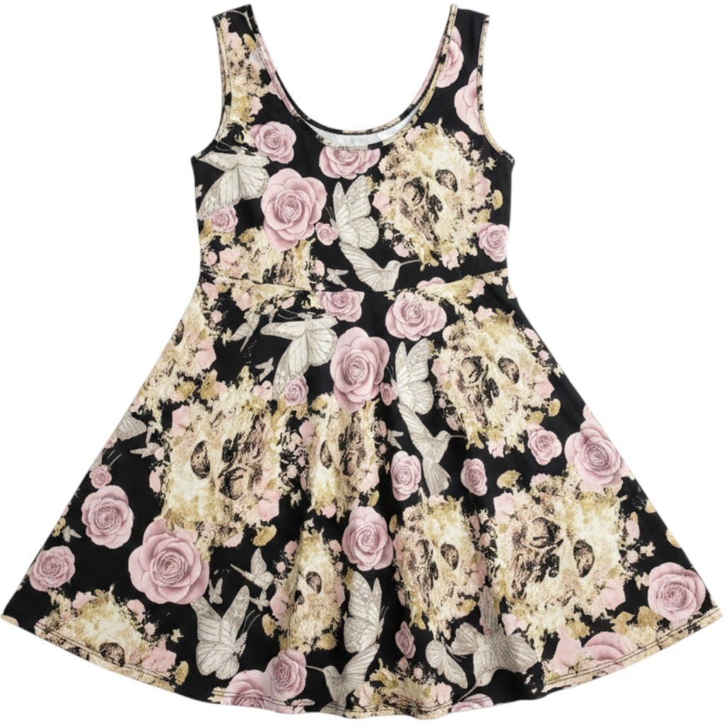 Pastel Goth Skull Rose Skater Dress Alternative Witchy Women’s Medium
