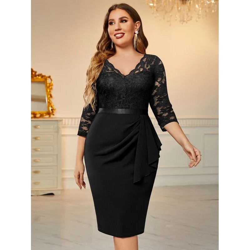 Miusol Black V-Neck Lace Ruffle Bodycon Cocktail Dress NWOT Ruffle L