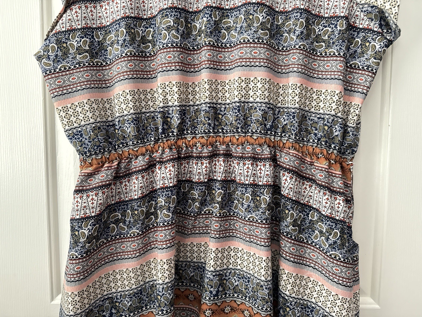 speed control 3X boho paisley stripe multi short sleeve cinch waist button dress