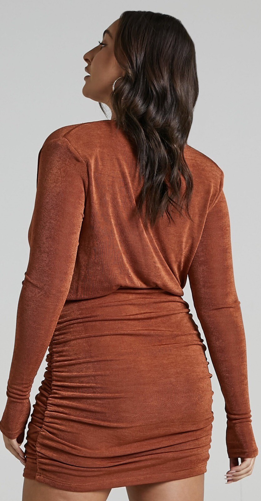 Kaitie Mini Deep V Open Front Ruched Dress in Paprika