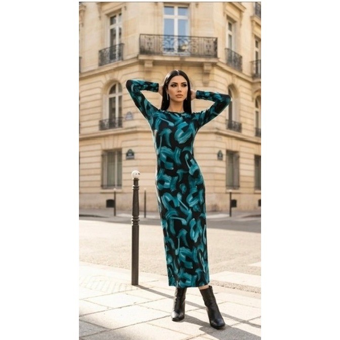 Chico’s Column Knit Brushstroke Maxi Dress Striking Teal Abstract NWT 2 L 12 NEW