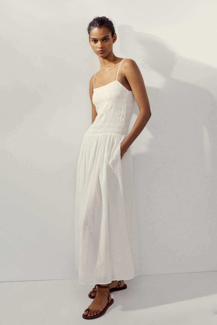 ZARA EMBROIDERED FLORAL OYSTER WHITE MIDI DRESS M