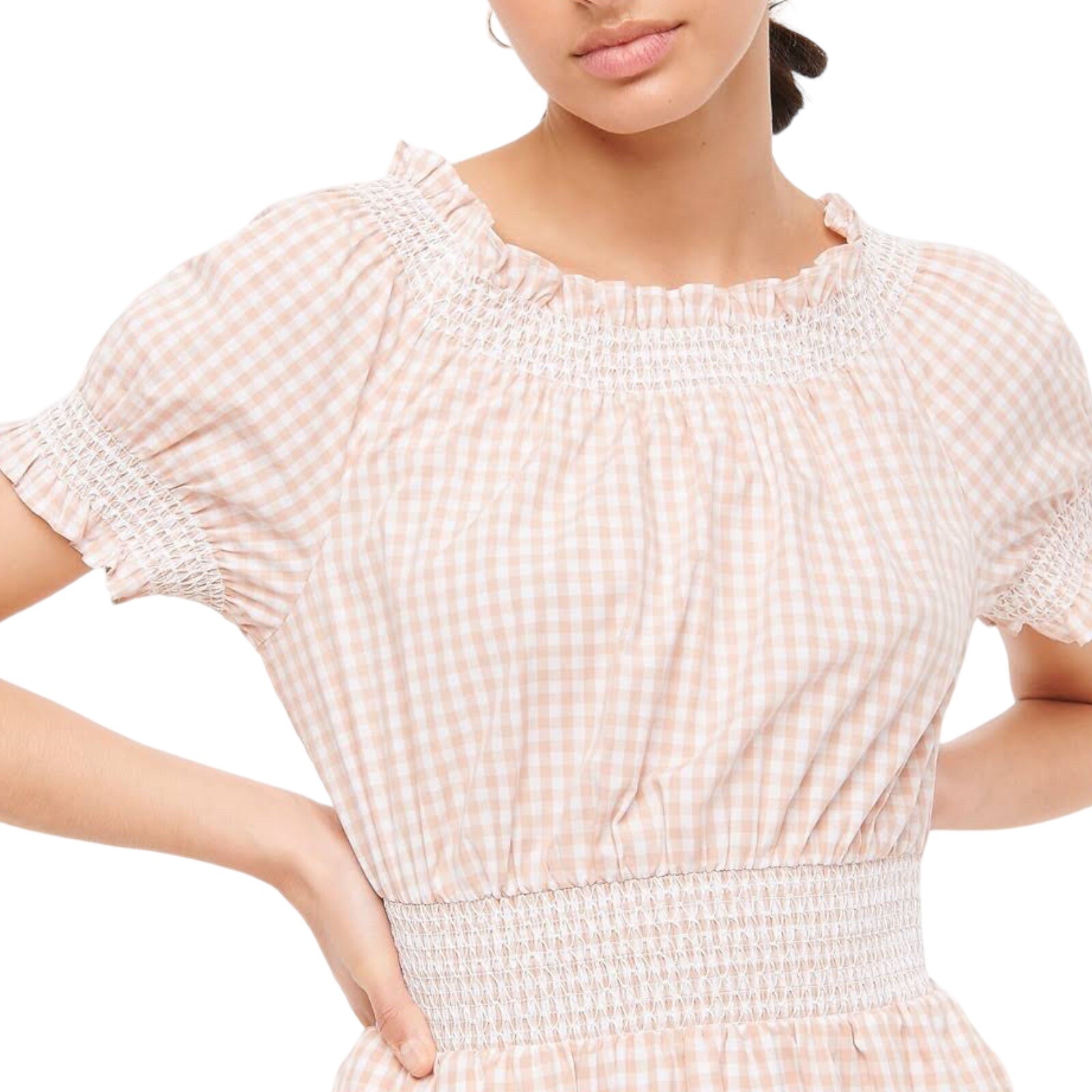 J.Crew Re-Imagined Gingham Smocked Waist Dress XXS Pink White Cotton Puff Sleeve