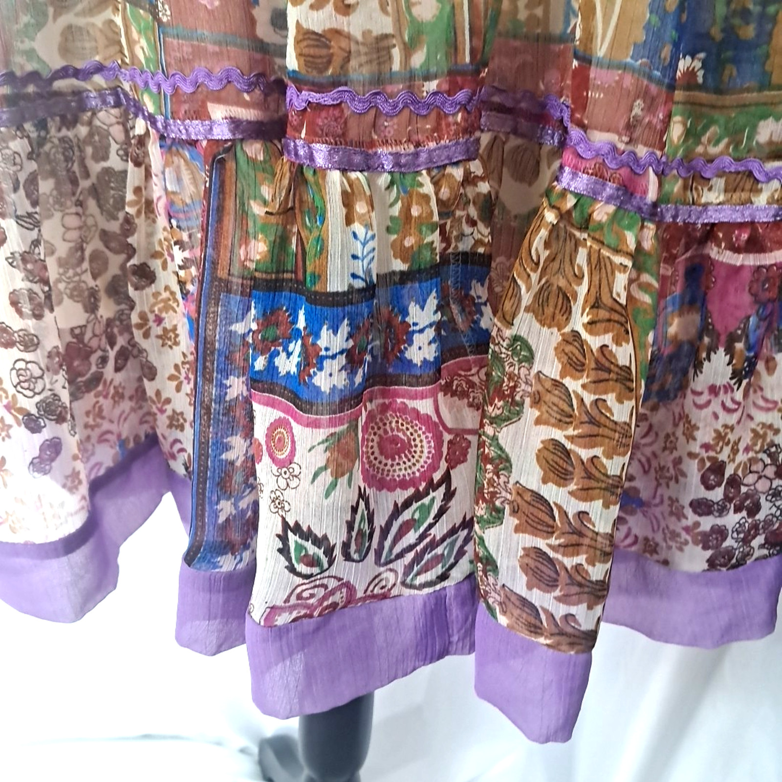 Babydoll Floral Sheer Patchwork Beaded Tiered Mini Dress Size M Purple Boho