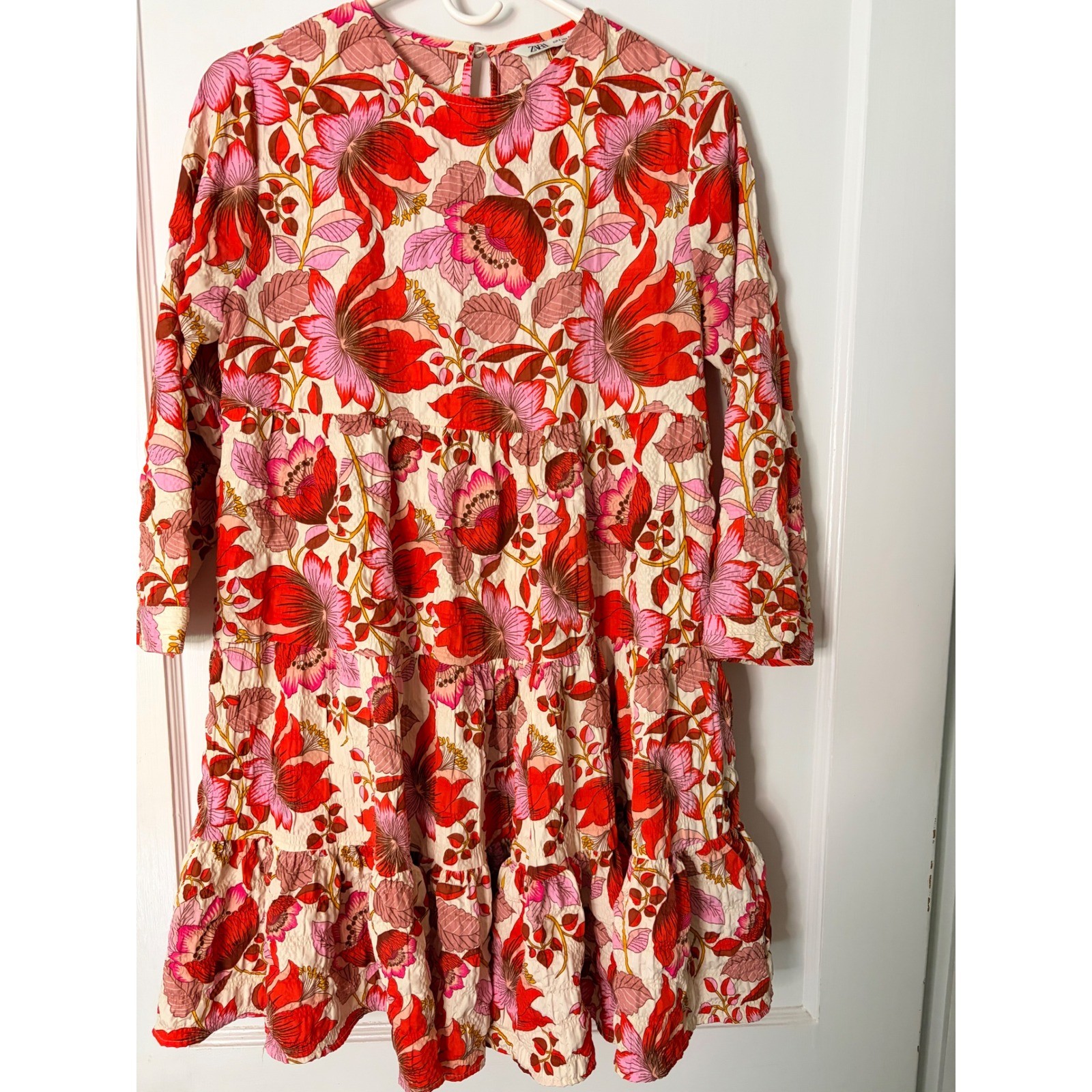 Zara Women Red Pink Floral Print Tiered Mini Babydoll Smock Dress S Long Sleeve