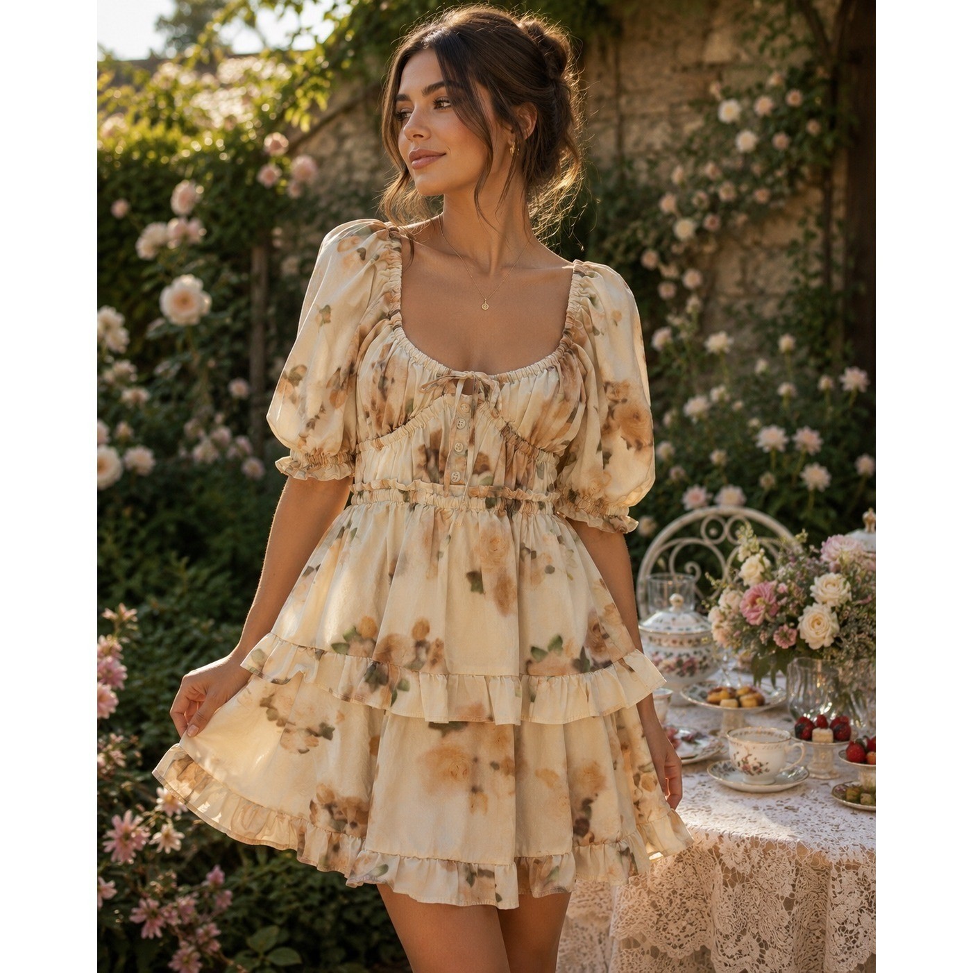 WeWoreWhat Floral Tiered Ruffle Mini Dress Puff Sleeve Cream Tan Medium
