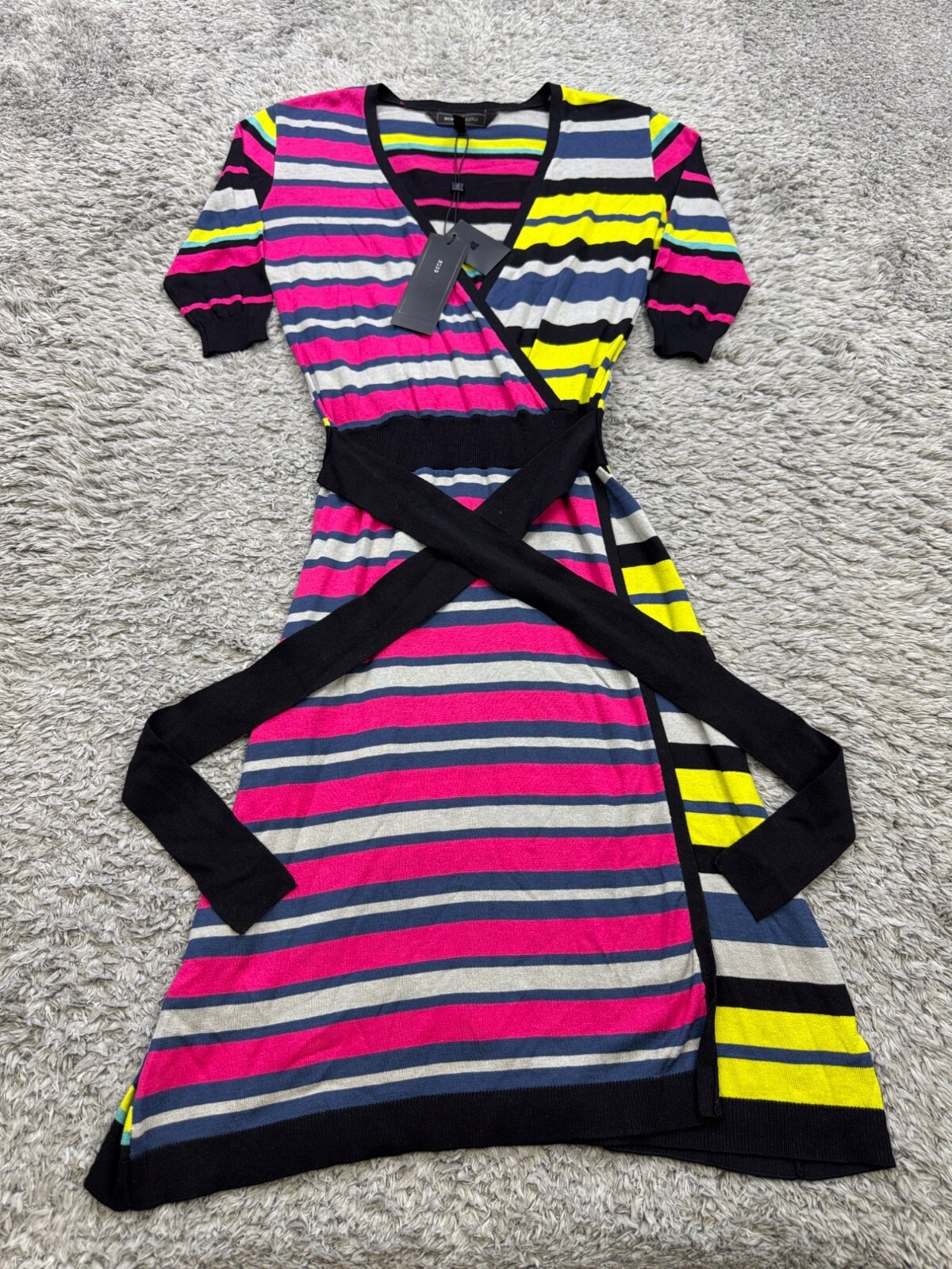 BCBGMAXAZRIA Dress Women XXS Elia Stripe Silk Elbow Sleeve Faux Wrap Belted NWT