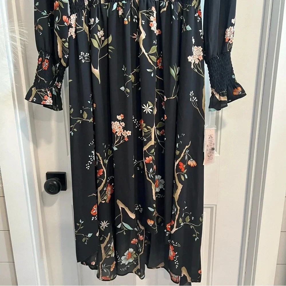 Nanette Lepore Floral Smocked High/Low Dress in Very Black Multi. Size 14. NWT.