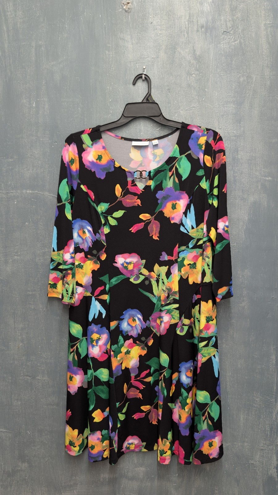 Susan Graver Liquid Knit Dress Large Black Floral Knee Length Pullover Stretch