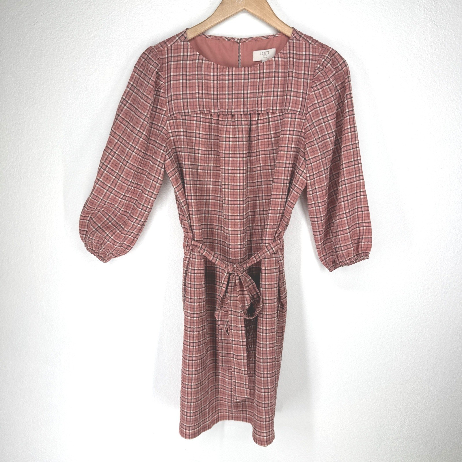 Loft Plaid Tie Waist Puff Sleeve Shift Dress Medium Petite Academia Preppy Twee