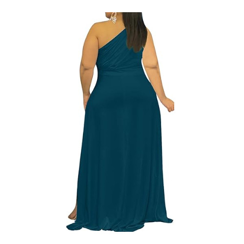 Ekaliy One Shoulder Maxi Dress for Curvy Women Hem Flowy Summer Dress Teal 3XL