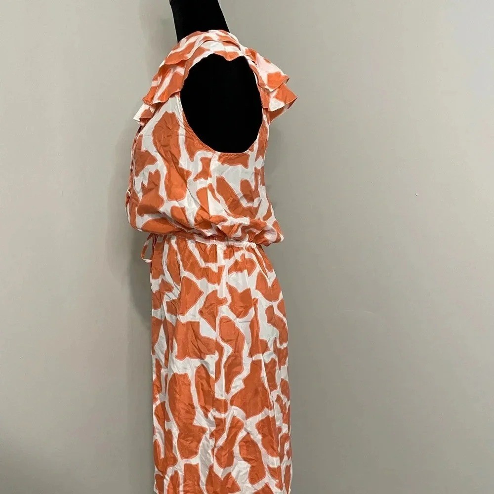 Ann Taylor Loft 100% Silk Coral and White Geometric Ruffle Sleeve Mini Dress