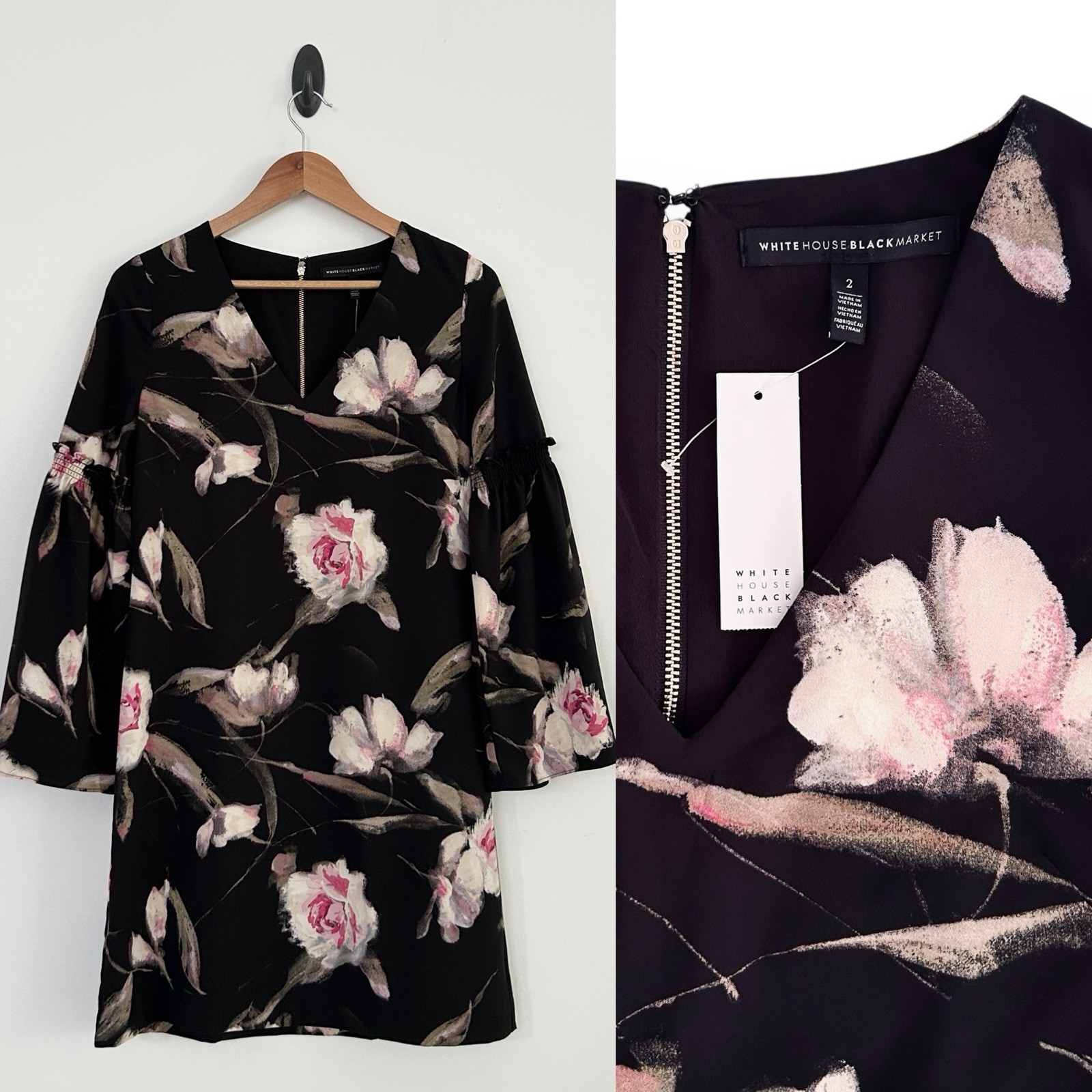 White House Black Market 2 Black Pink Multi Floral Bell Sleeves Shift Dress NWT