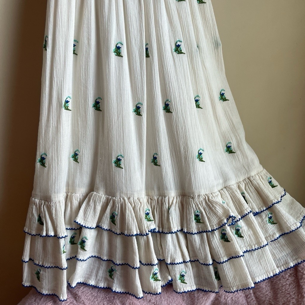 Floreat for Anthropologie Cotton Floral Embroidered Smocked Ruffle Midi Boho 4