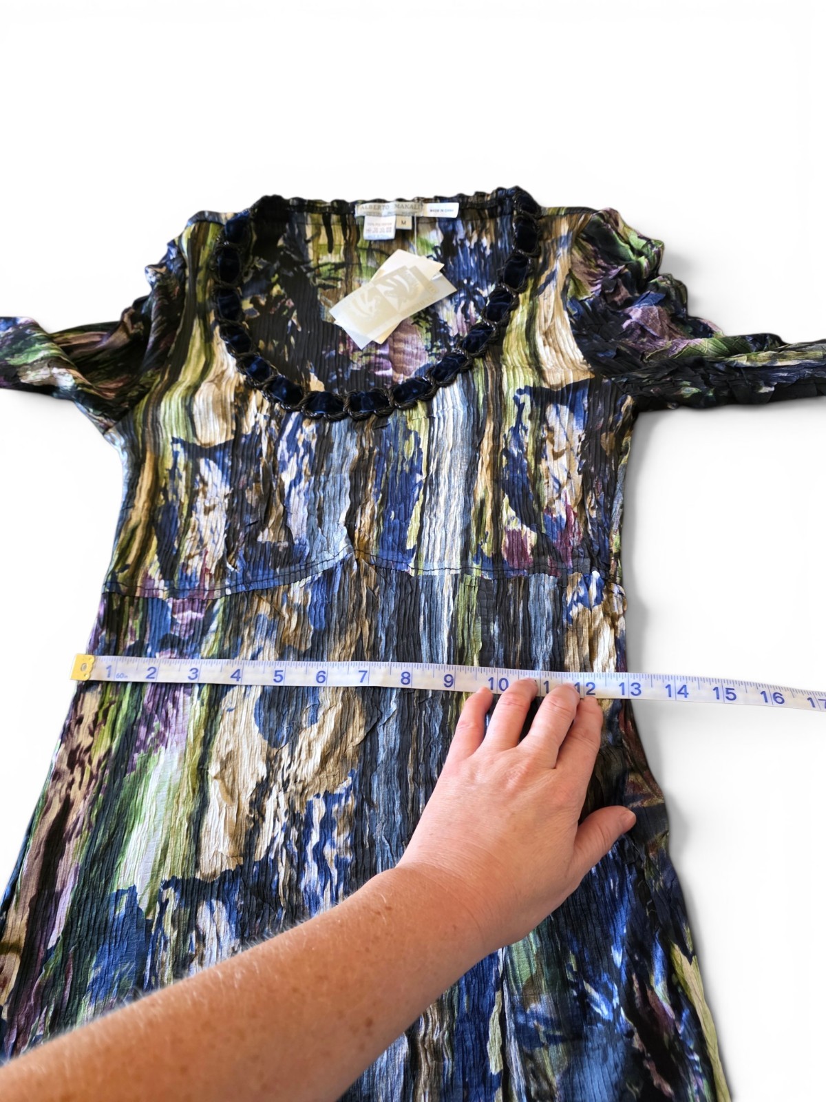 NWT Alberto Makali Pleated Midi Dress M Blue Green Abstract Beaded Velvet Trim