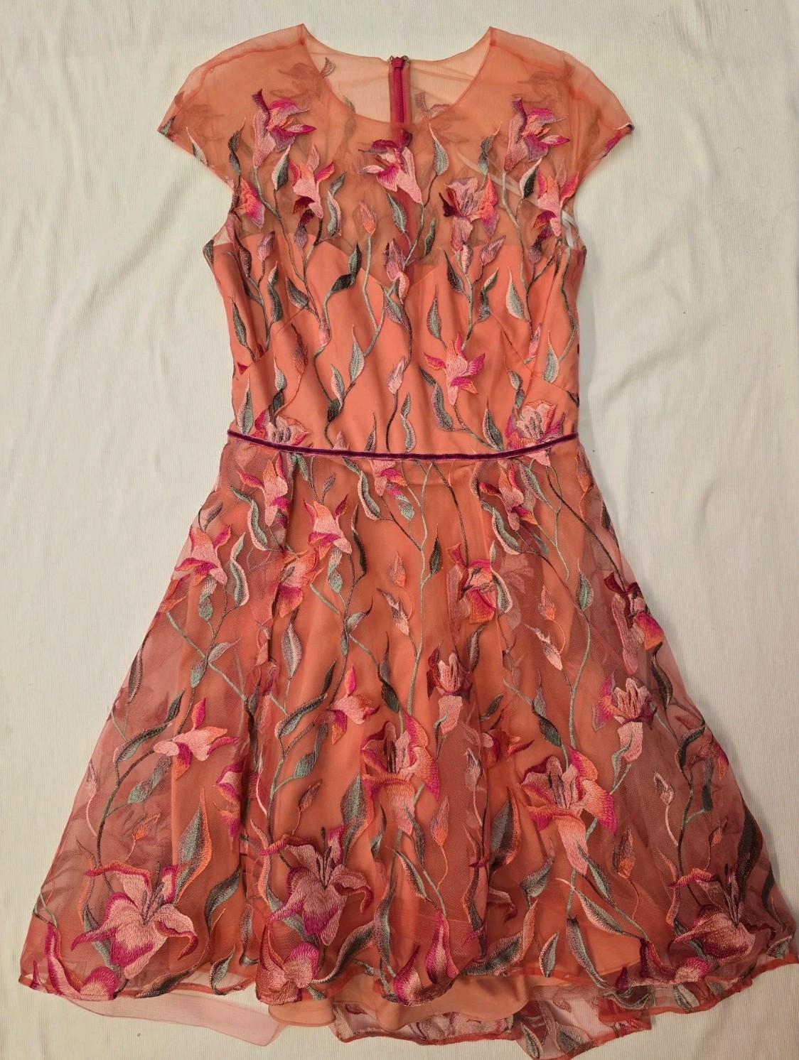 NEW Marchesa Notte Floral Embriodered Tulle Cap Sleeve Mini Dress – Coral -(6)