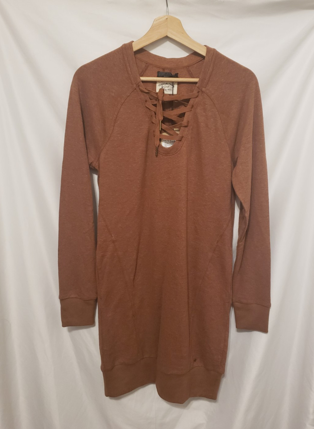 prAna Cozy Up Terry Dress Women XS Relaxed Fit Roux Heather Brown Lace Up Hemp
