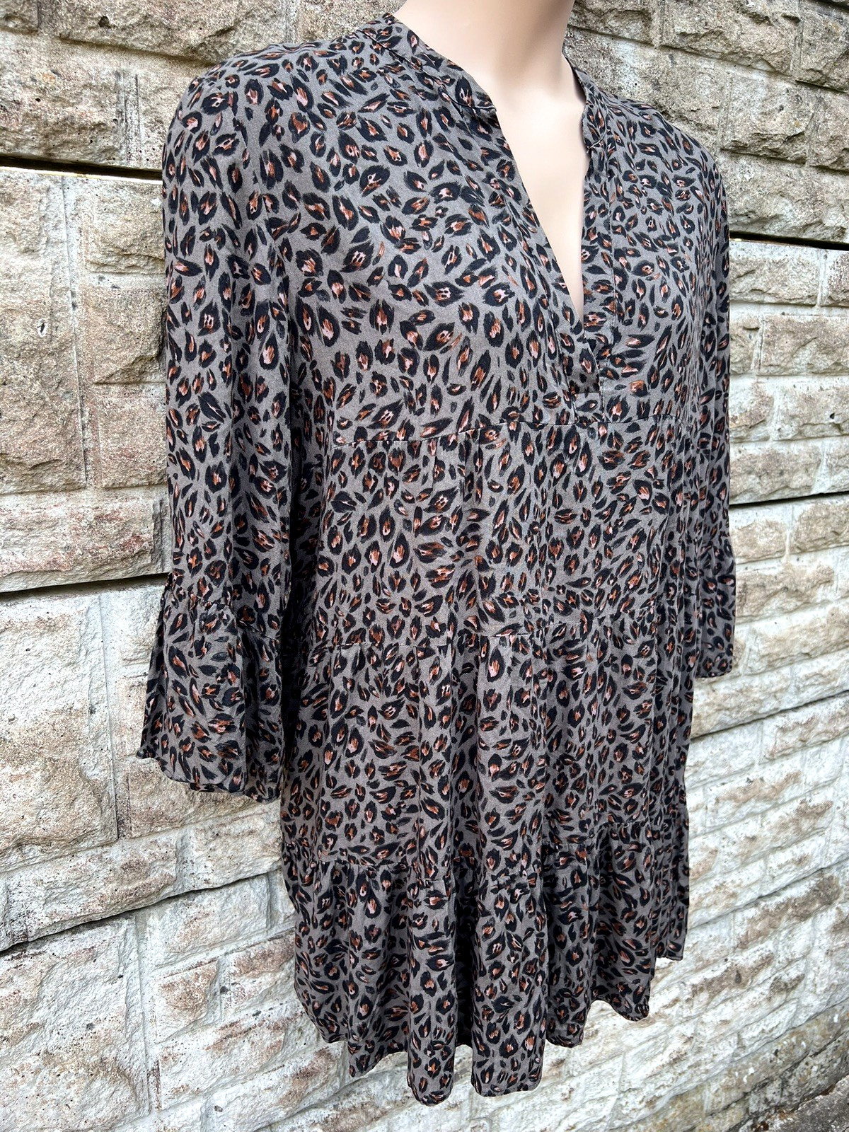 Ladies Apricot Grey/Brown Mix Frilled Shift Style Summer Dress UK 14