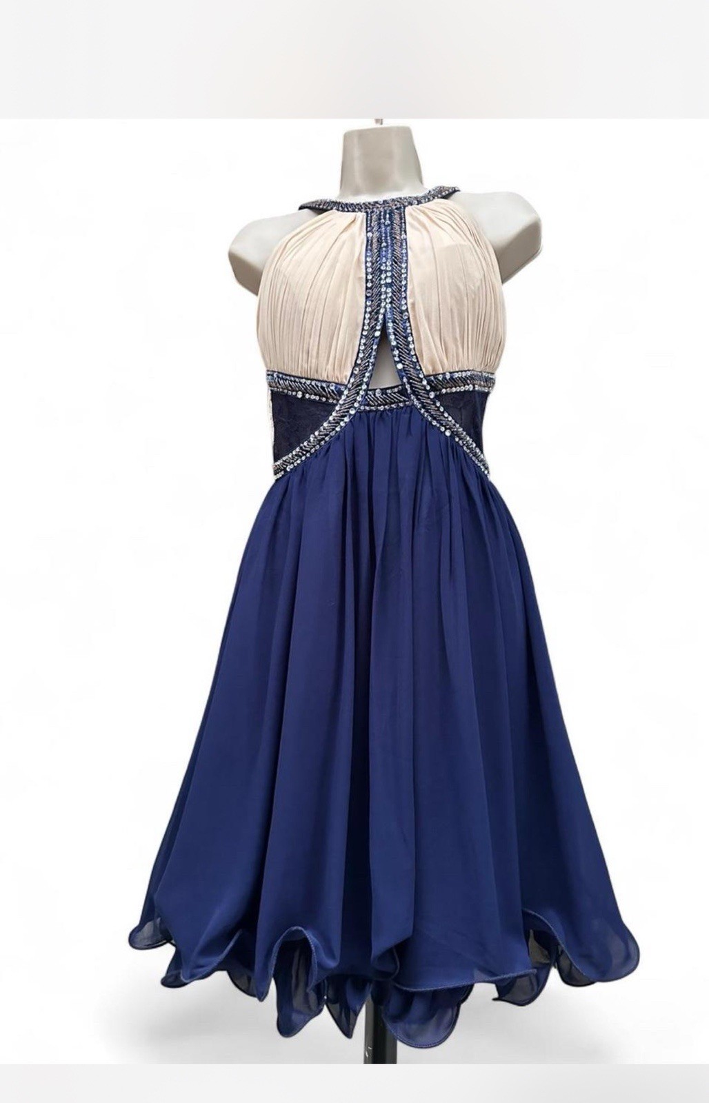 Little Mistress London Embellished Halter Chiffon Dress Navy Cream UK 10
