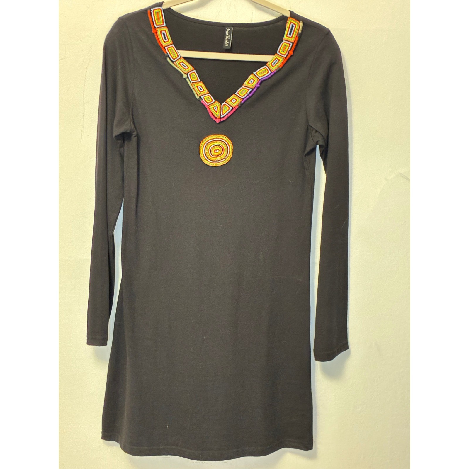 Sacred Threads Vintage Black Beaded Boho Mini Dress Tunic Long Sleeve Womens M