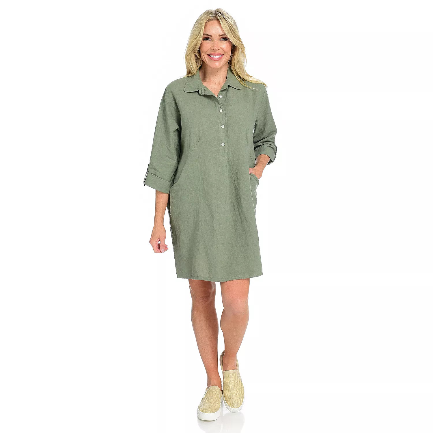 OSO Casuals Italian Linen 3/4 Sleeve Button Front Shirt Dress NWOT