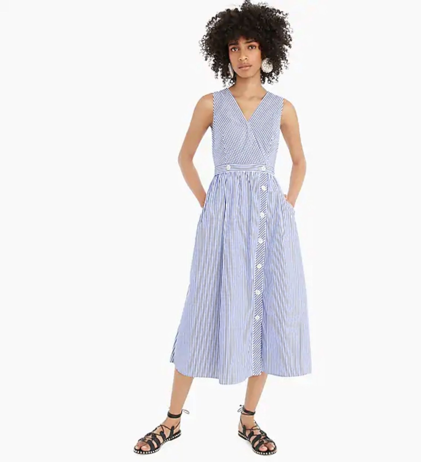 J. Crew A-line Sleeveless Shirtdress 6 Cotton Poplin Stripe Pockets Midi L6033