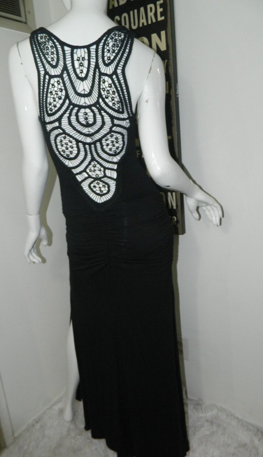 Sky Brand Dress Maxi Black Crochet Back Side Rouching Boho Chic Size X-Small