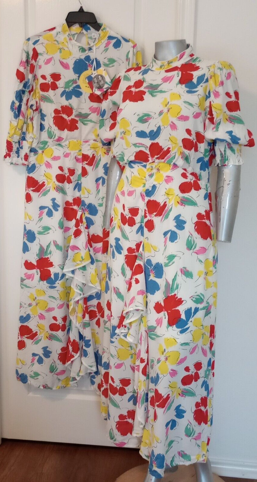 NWT WOMAN RIXO MAXI CASCADE RUFFLE DRESS Size 14 Mock Neck Puff Short Sleeve