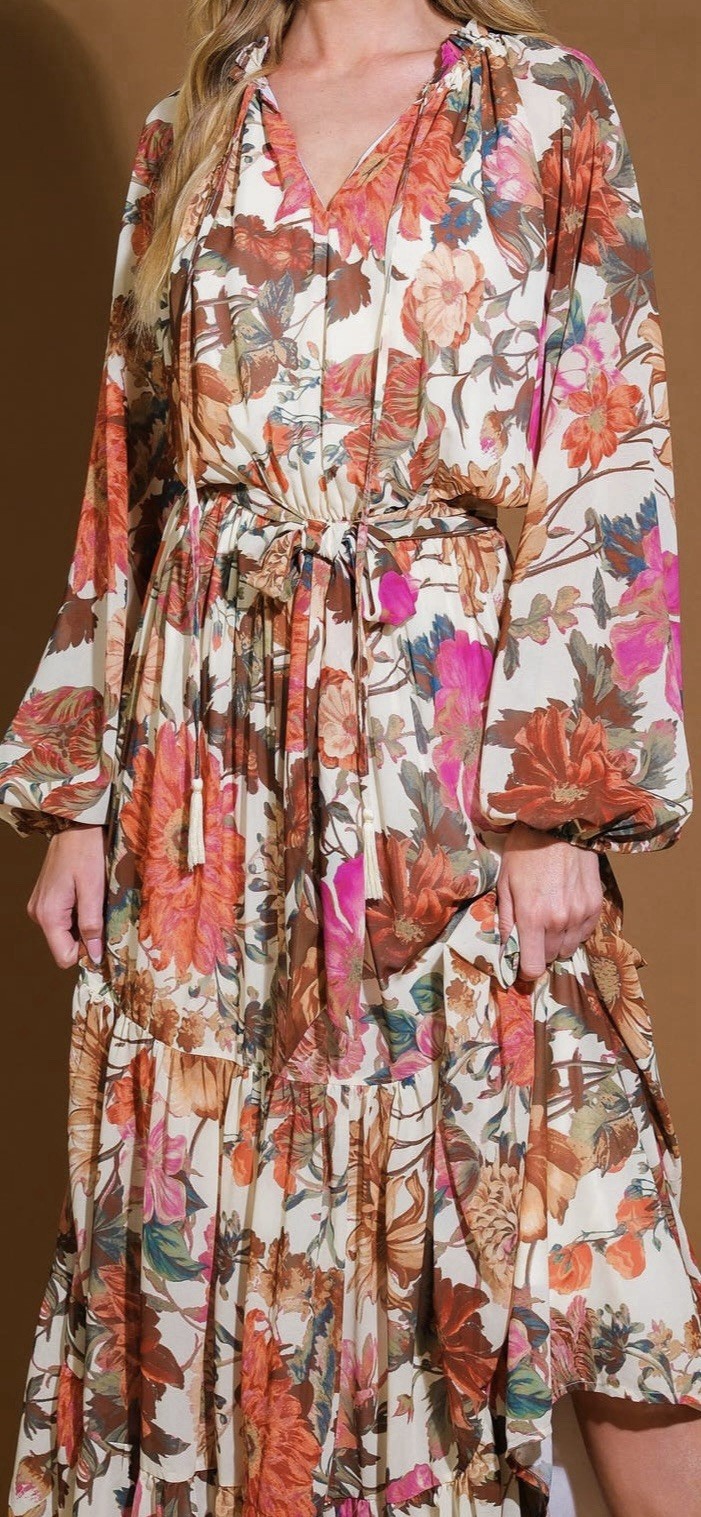 Flying Tomato Flowing Dress Size M Cream Fall Floral Long Sleeve Boho