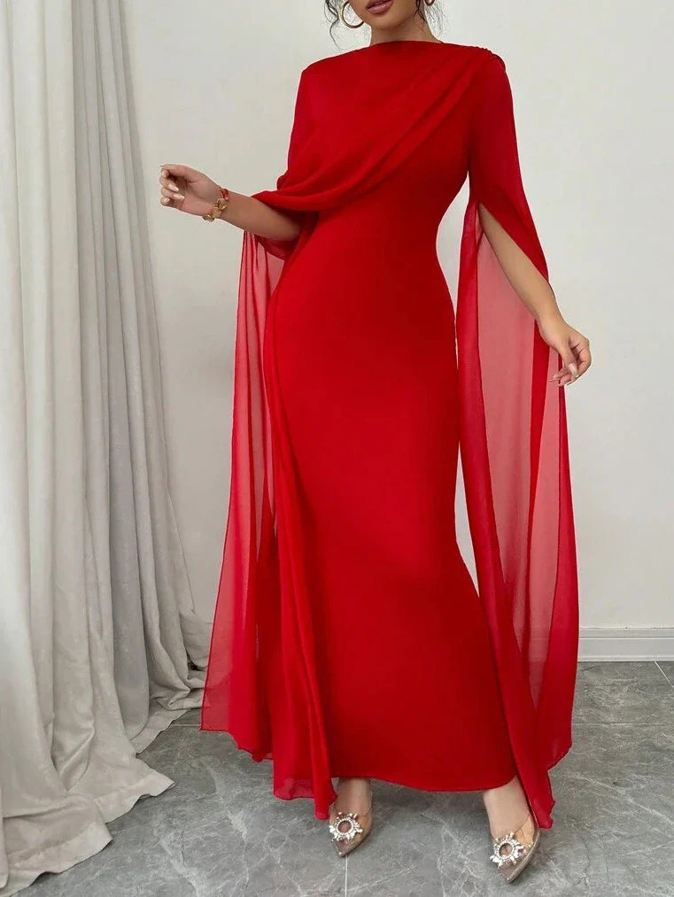 Elegant Evening Oblique Shoulder Pleated Sheer Flowy Maxi Gown